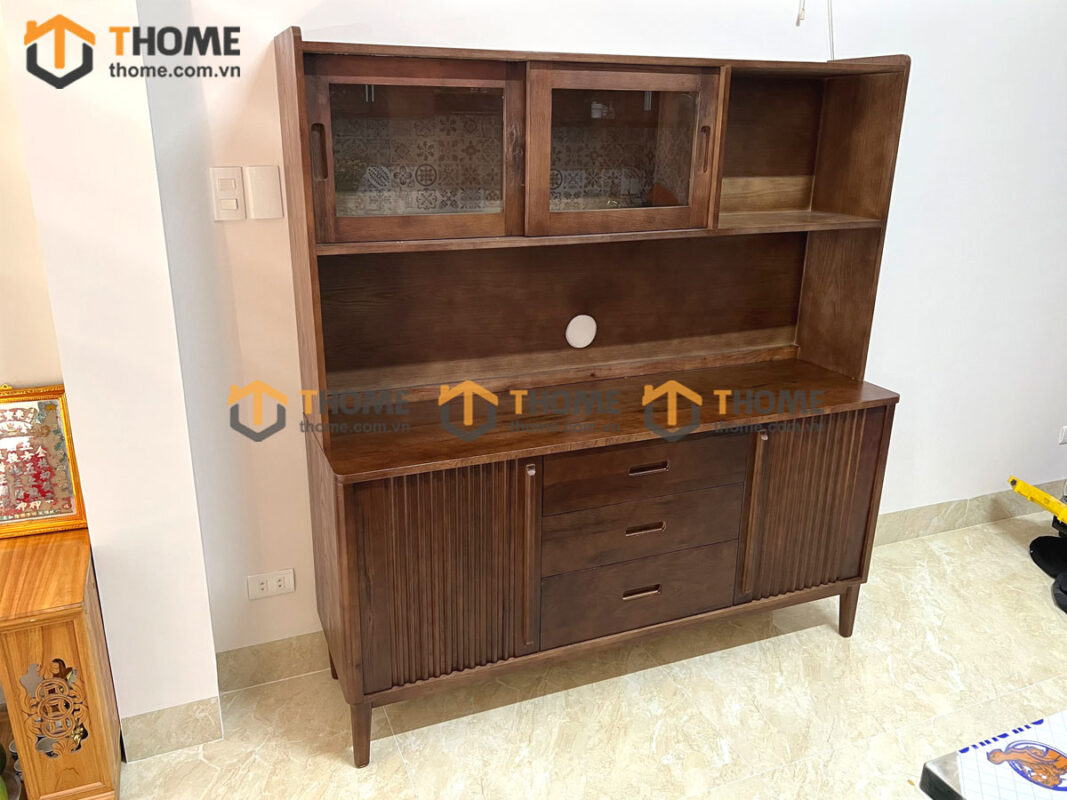 Tủ Chén Gỗ Sồi Tự Nhiên 2 Tầng 2 Cánh Lan Sọc TC2T-16SN