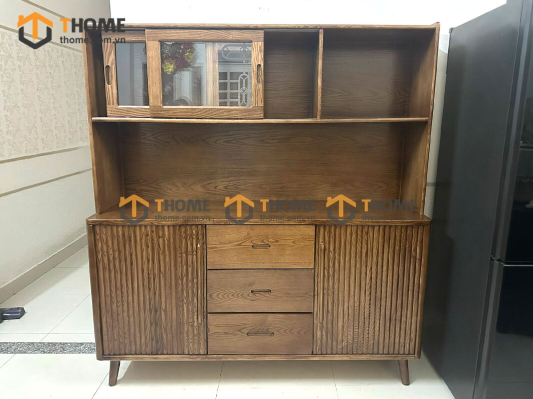 Tủ Chén Gỗ Sồi Tự Nhiên 2 Tầng 2 Cánh Lan Sọc TC2T-16SN