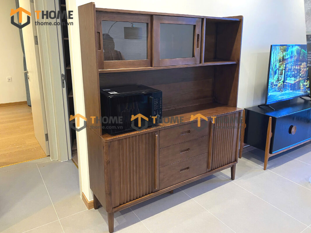 Tủ Chén Gỗ Sồi Tự Nhiên 2 Tầng 2 Cánh Lan Sọc TC2T-16SN