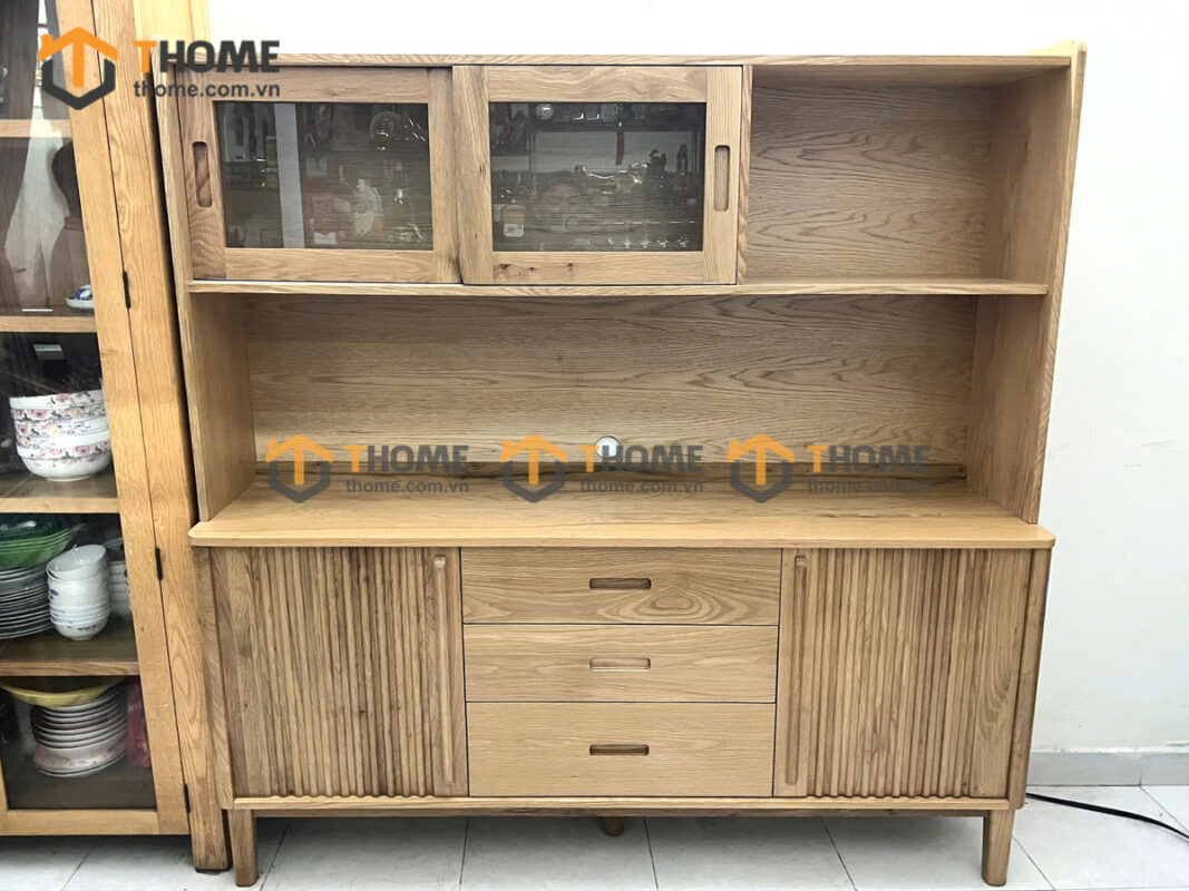 Tủ Chén Gỗ Sồi Tự Nhiên 2 Tầng 2 Cánh Lan Sọc TC2T-16SN