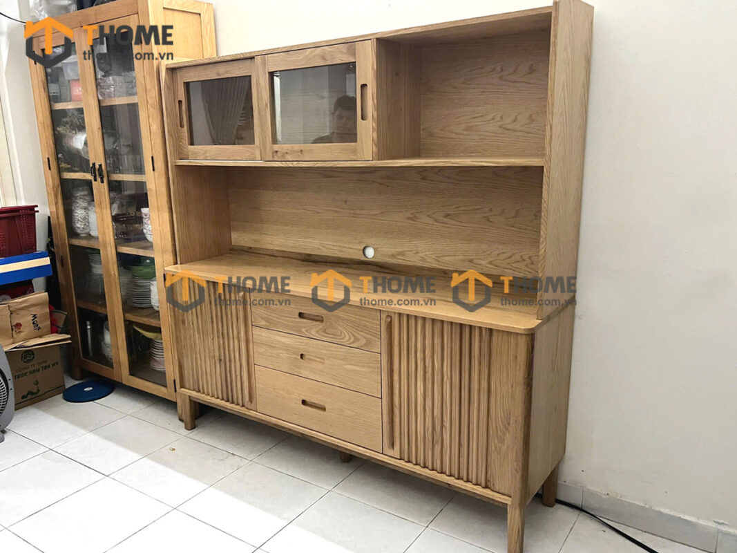 Tủ Chén Gỗ Sồi Tự Nhiên 2 Tầng 2 Cánh Lan Sọc TC2T-16SN