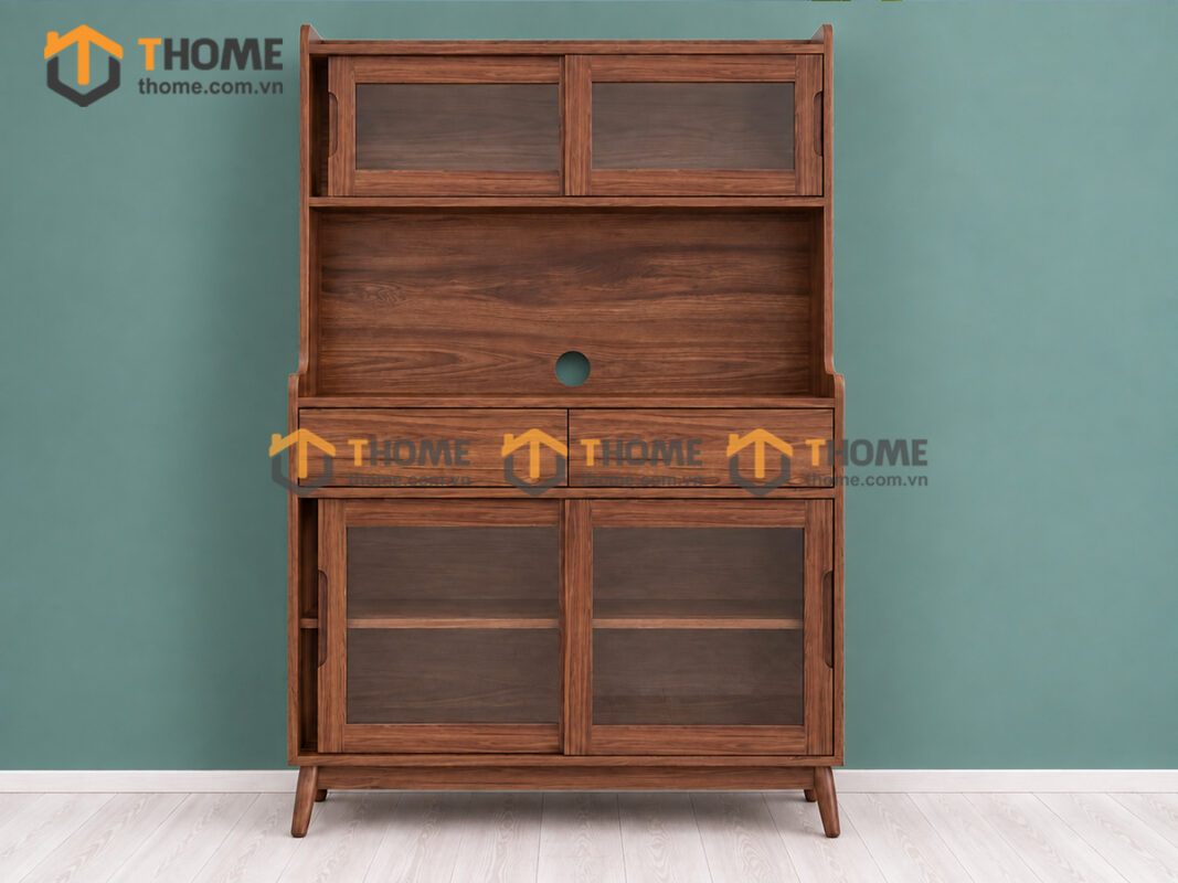 Tủ Chén Gỗ Sồi Tự Nhiên 2 Tầng 4 Cánh Lùa 2 Hộc Kéo TC2T-15SN