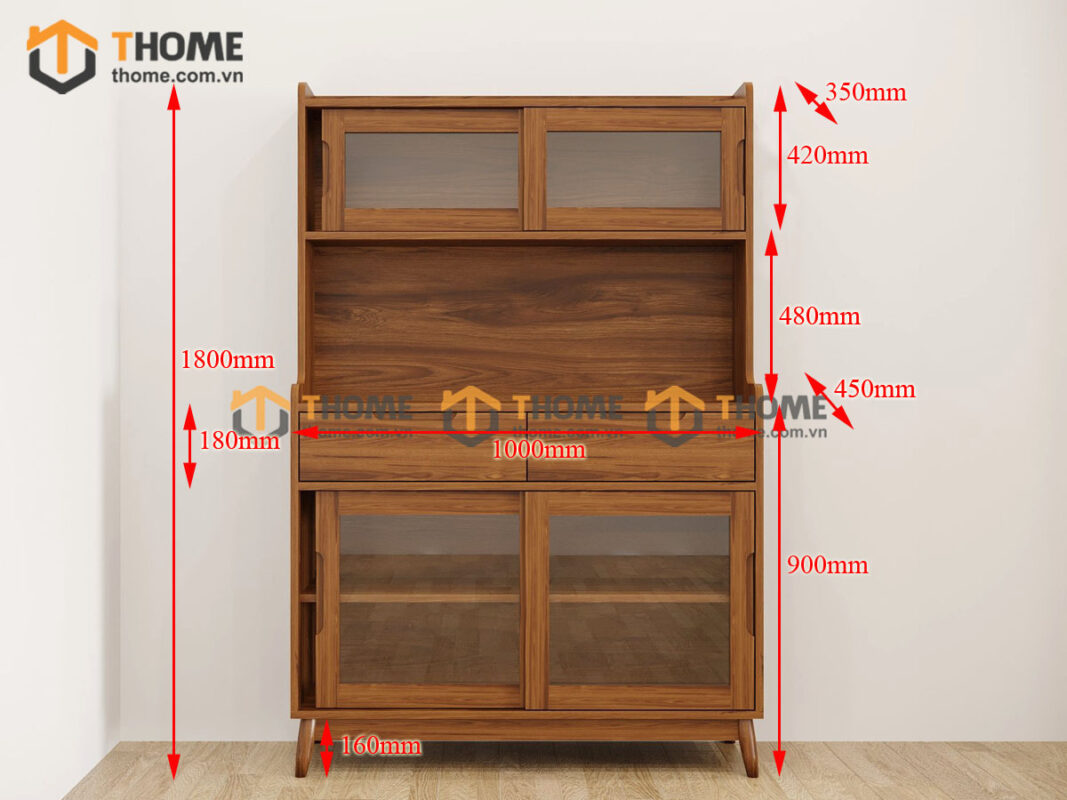 Tủ Chén Gỗ Sồi Tự Nhiên 2 Tầng 4 Cánh Lùa 2 Hộc Kéo TC2T-15SN