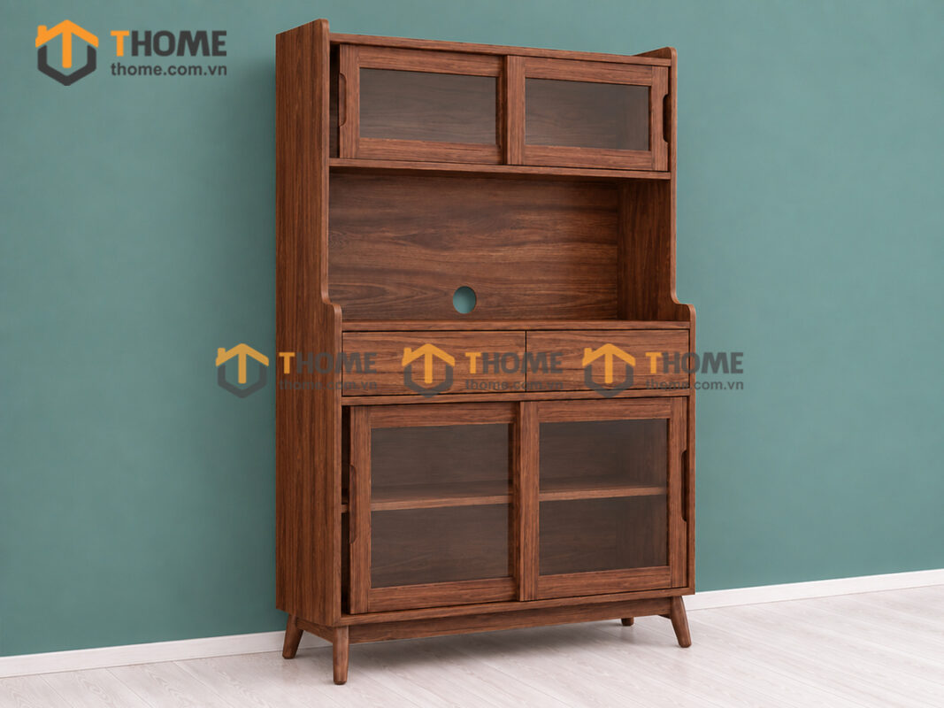 Tủ Chén Gỗ Sồi Tự Nhiên 2 Tầng 4 Cánh Lùa 2 Hộc Kéo TC2T-15SN