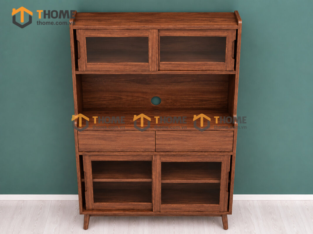 Tủ Chén Gỗ Sồi Tự Nhiên 2 Tầng 4 Cánh Lùa 2 Hộc Kéo TC2T-15SN