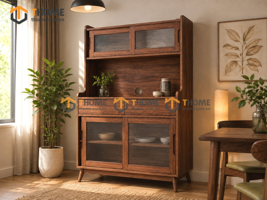 Tủ Chén Gỗ Sồi Tự Nhiên 2 Tầng 4 Cánh Lùa 2 Hộc Kéo TC2T-15SN