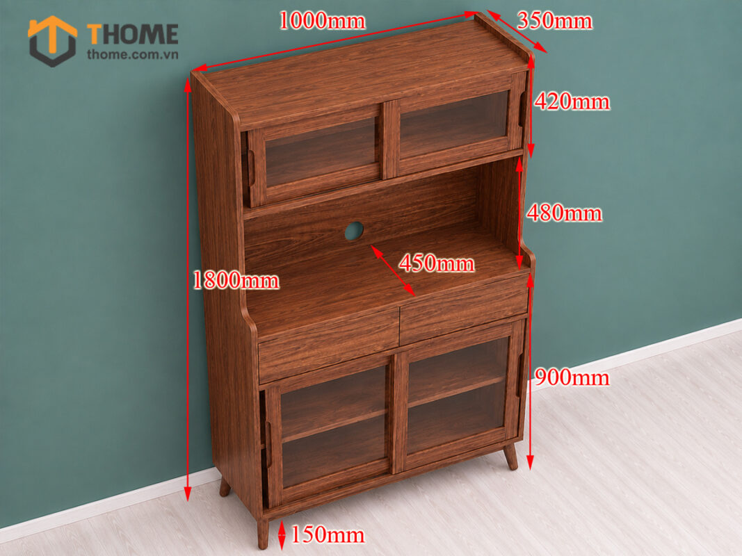 Tủ Chén Gỗ Sồi Tự Nhiên 2 Tầng 4 Cánh Lùa 2 Hộc Kéo TC2T-15SN