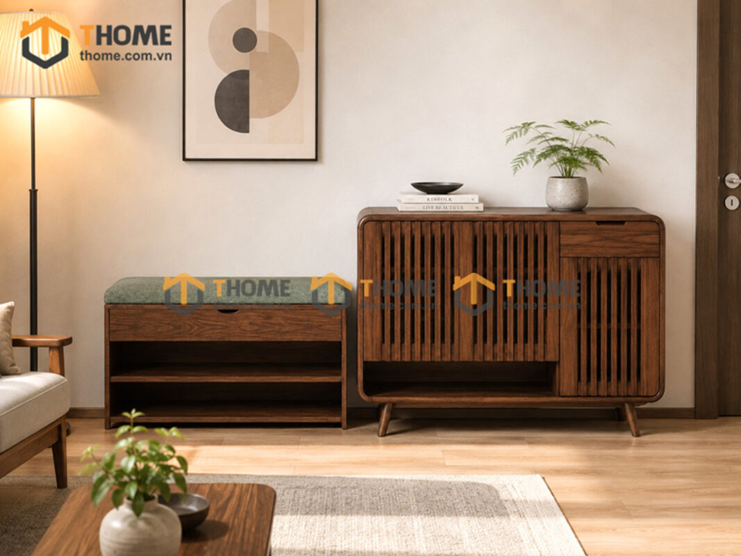 Tủ Giày Kèm Ghế Ngồi Gỗ Sồi Tự Nhiên 2 Hộc TG-14SN