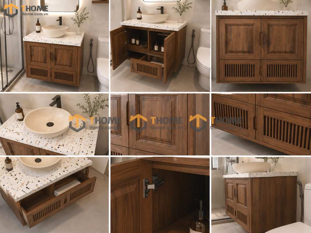 Tủ Lavabo Gỗ Sồi Tự Nhiên Treo Tường 4 Cánh Mở TL-03SN