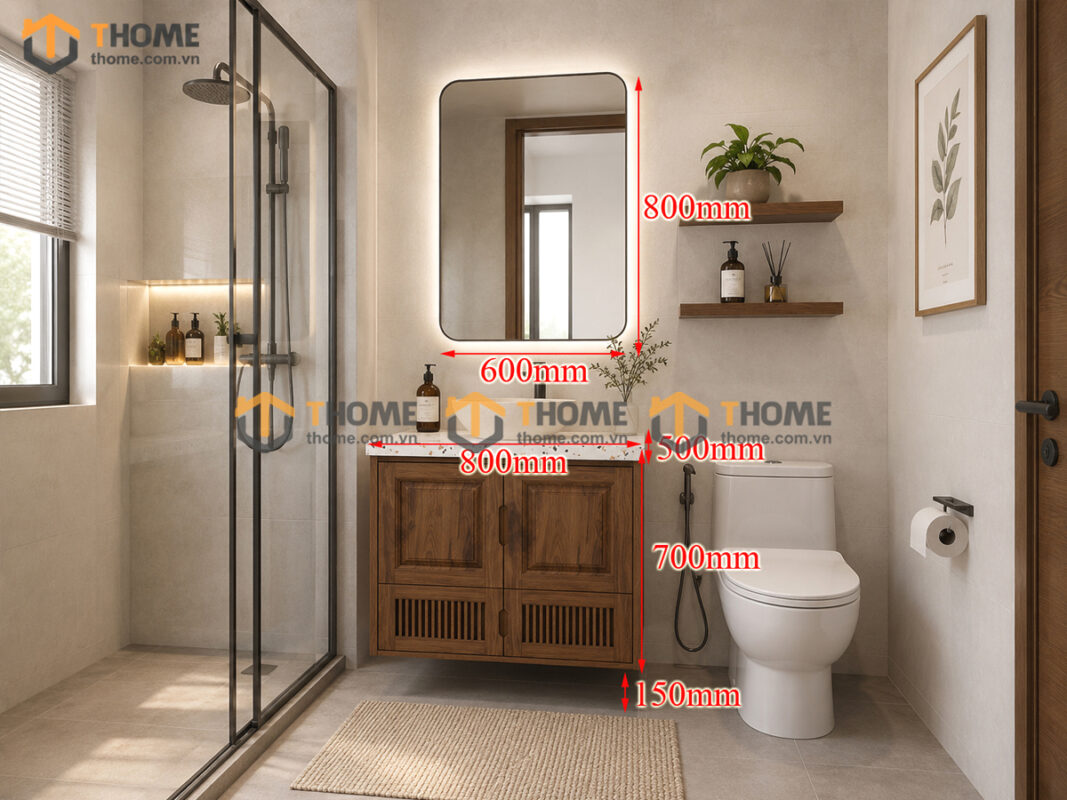 Tủ Lavabo Gỗ Sồi Tự Nhiên Treo Tường 4 Cánh Mở TL-03SN
