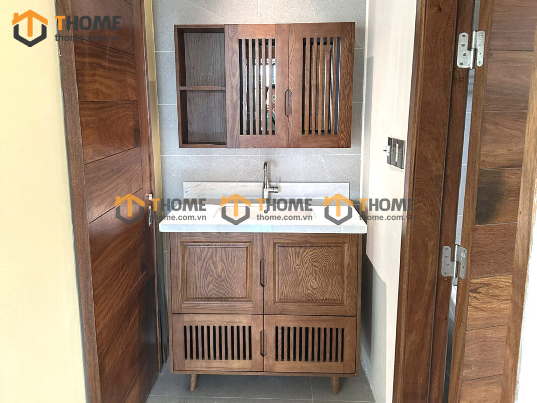 Tủ Lavabo Gỗ Sồi Tự Nhiên Có Chân 4 Cánh Mở TL-01SN