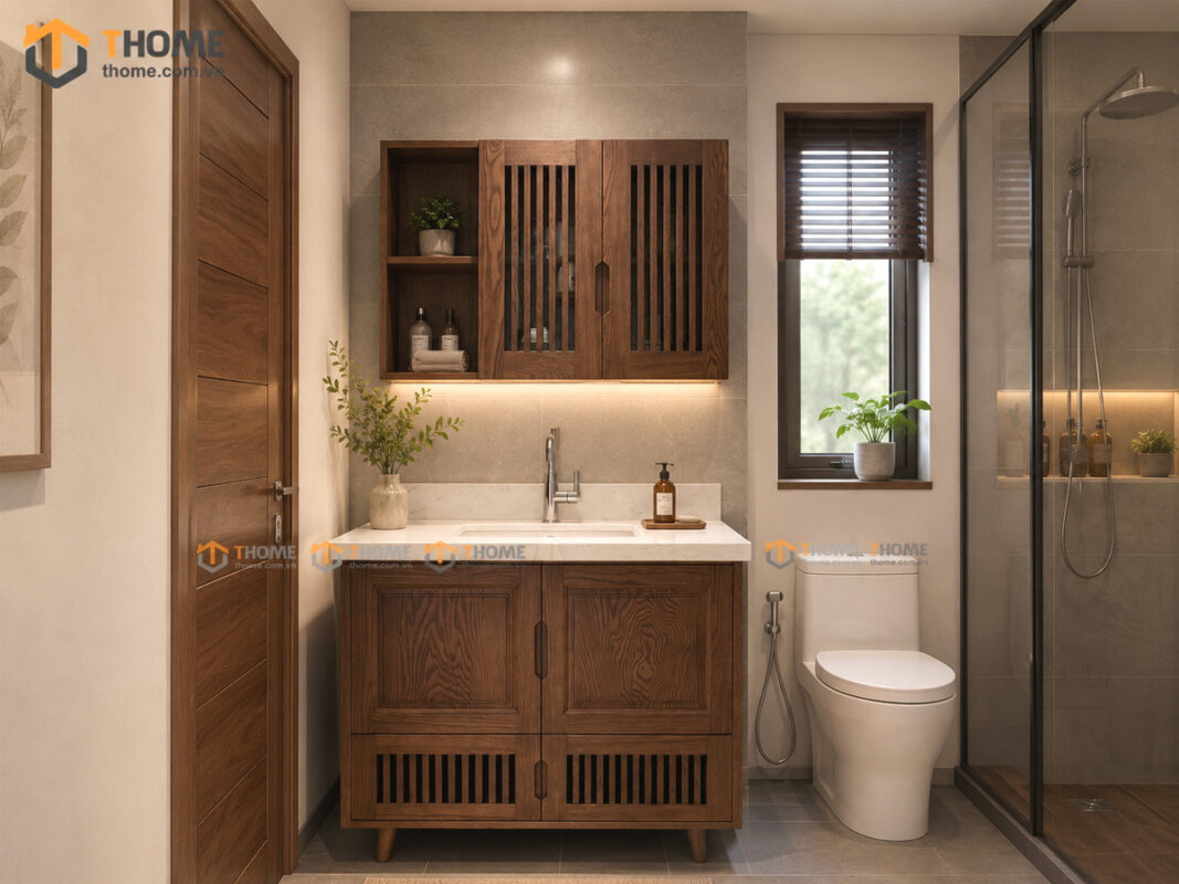 Tủ Lavabo Gỗ Sồi Tự Nhiên Có Chân 4 Cánh Mở TL-01SN