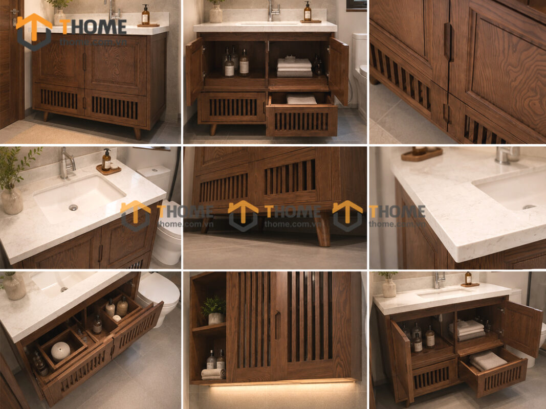 Tủ Lavabo Gỗ Sồi Tự Nhiên Có Chân 4 Cánh Mở TL-01SN