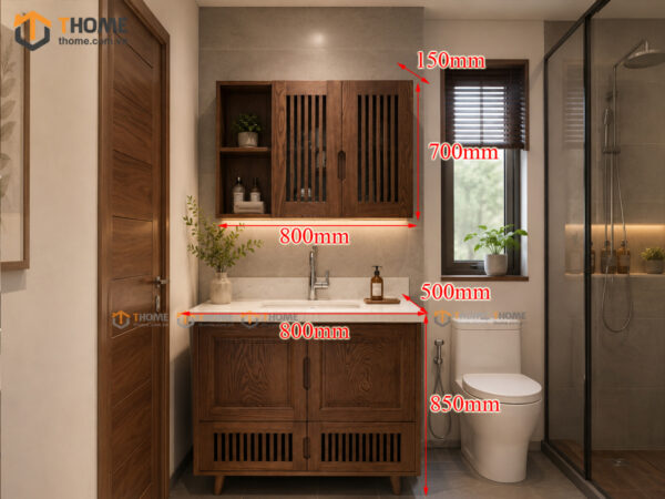 Tủ Lavabo Gỗ Sồi Tự Nhiên Có Chân 4 Cánh Mở TL-01SN