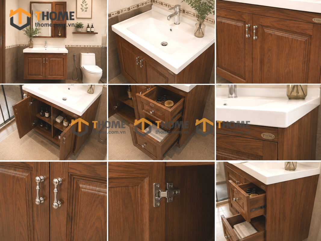 Tủ Lavabo Gỗ Sồi Tự Nhiên Treo Tường 4 Cánh Mở TL-04SN