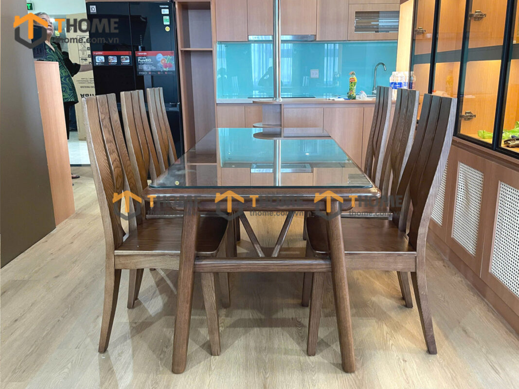 Bộ Bàn Ăn Luca Chân Chữ H 6 Ghế (Nhiều Mẫu Ghế) Gỗ Sồi Tự Nhiên BBA6-44SN