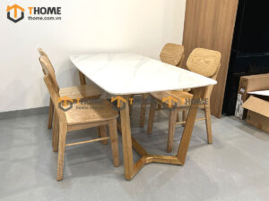 Bộ Bàn Ăn Mặt Đá Chân Xương Cá 4 Ghế (Nhiều Mẫu Ghế) Gỗ Sồi Tự Nhiên BBA4-22SN