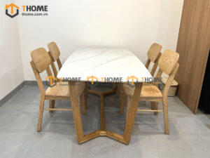 Bộ Bàn Ăn Mặt Đá Chân Xương Cá 4 Ghế (Nhiều Mẫu Ghế) Gỗ Sồi Tự Nhiên BBA4-22SN