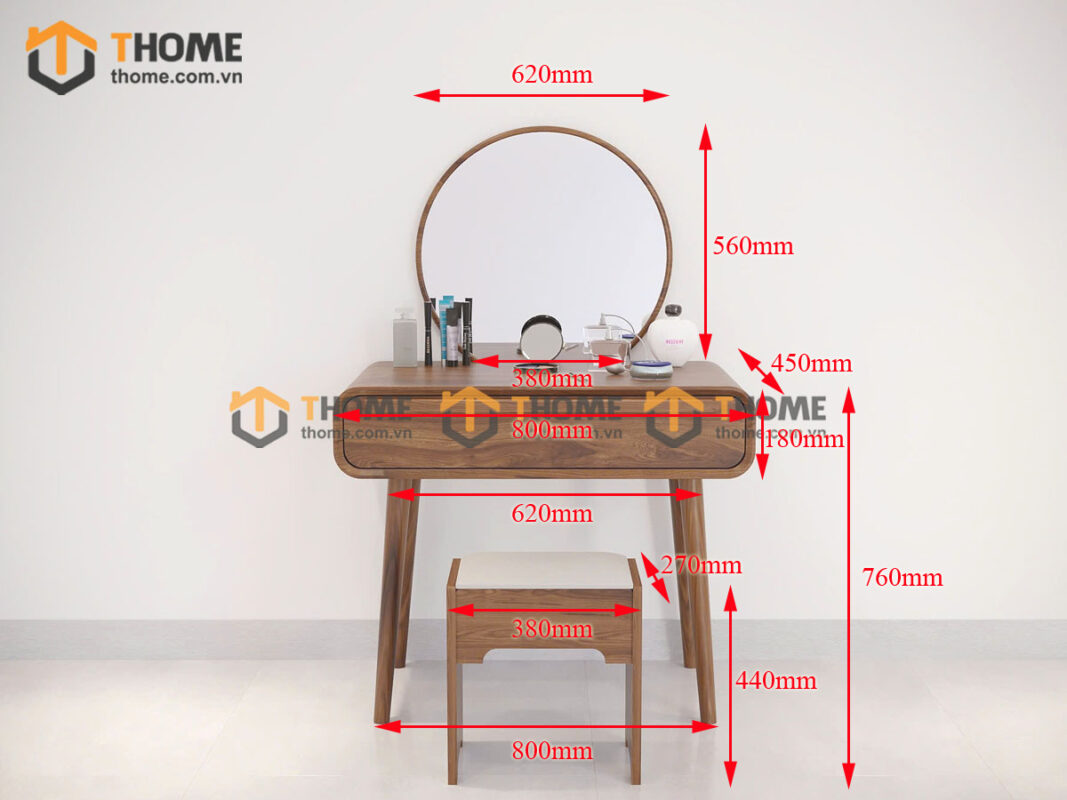 Bàn Trang Điểm Nova Gỗ Sồi Tự Nhiên Gương Tròn Khuyết 0.8m BTD-16SN