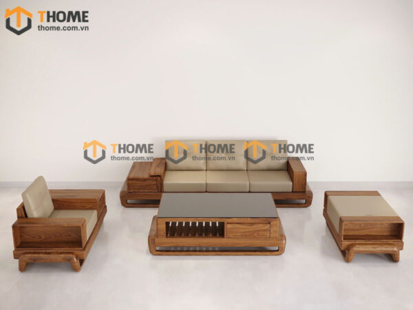 Sofa Gỗ Sồi Tự Nhiên Chân Đùi Gà 4 Món Màu Óc Chó SFĐ-31SN