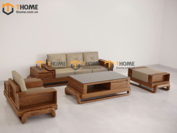 Sofa Gỗ Sồi Tự Nhiên Chân Đùi Gà 4 Món Màu Óc Chó SFĐ-31SN