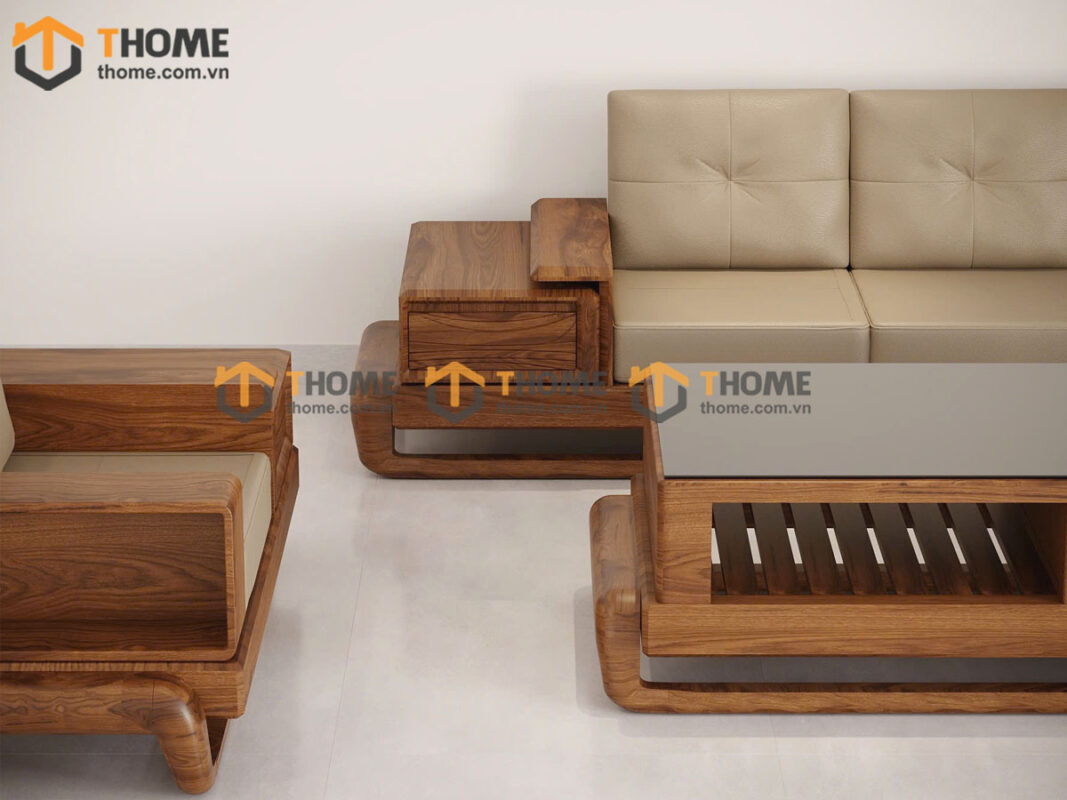 Sofa Gỗ Sồi Tự Nhiên Chân Đùi Gà 4 Món Màu Óc Chó SFĐ-31SN