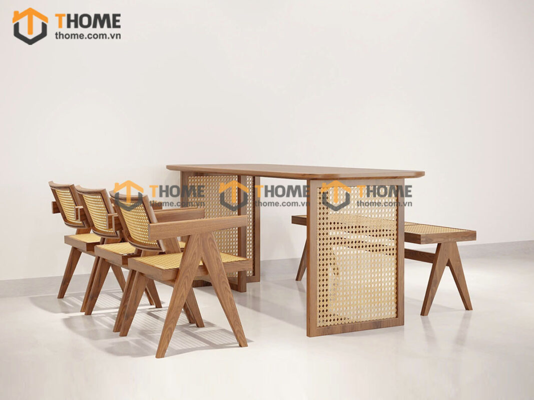 Bộ Bàn Ăn Chân Vuông Đan Mây (Nhiều Mẫu Ghế) Gỗ Sồi Tự Nhiên BBA6-48SN