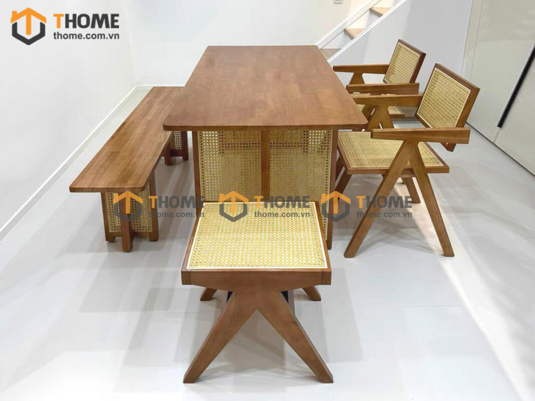 Bộ Bàn Ăn Chân Vuông Đan Mây (Nhiều Mẫu Ghế) Gỗ Sồi Tự Nhiên BBA6-48SN