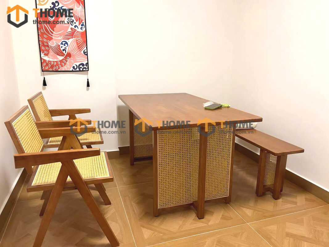 Bộ Bàn Ăn Chân Vuông Đan Mây (Nhiều Mẫu Ghế) Gỗ Sồi Tự Nhiên BBA6-48SN