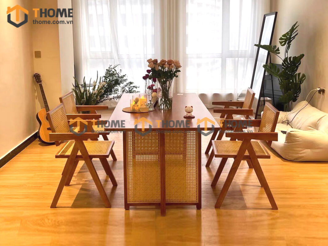 Bộ Bàn Ăn Chân Vuông Đan Mây (Nhiều Mẫu Ghế) Gỗ Sồi Tự Nhiên BBA6-48SN