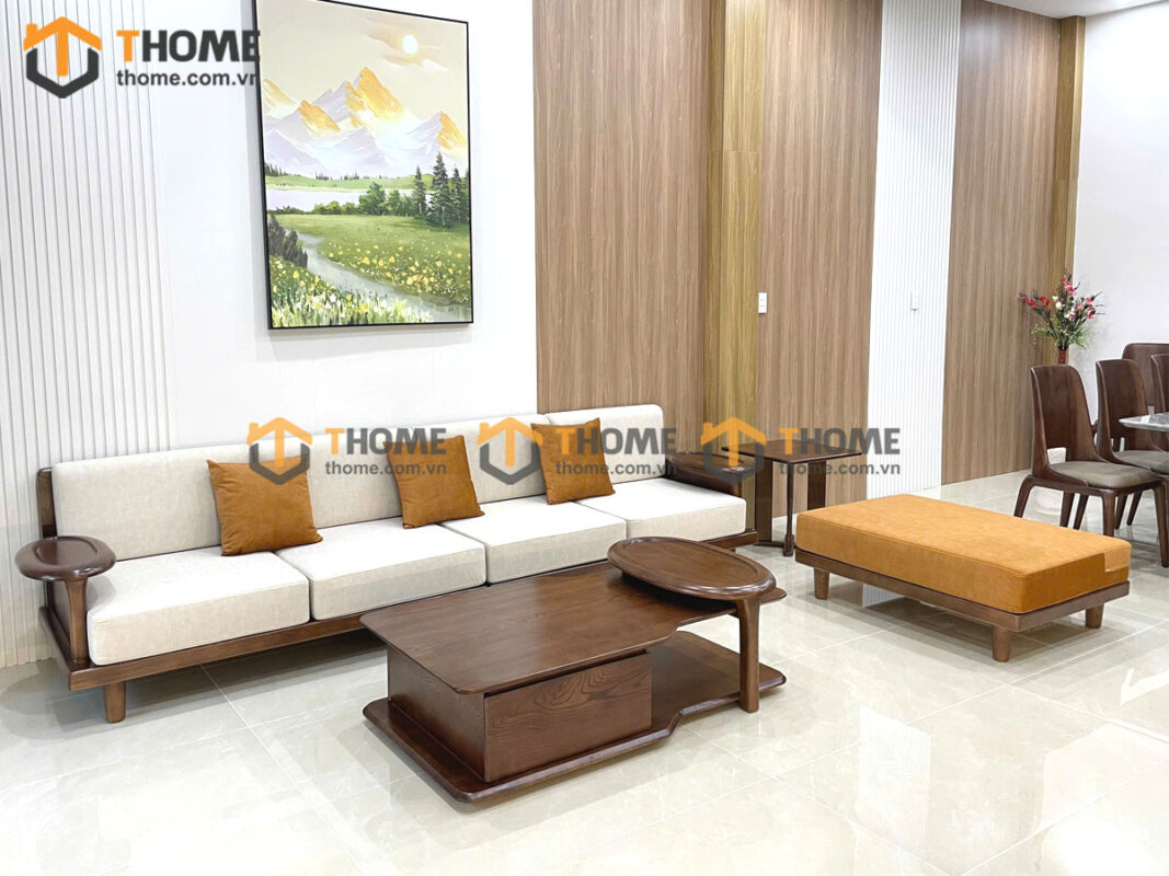 Sofa Gỗ Sồi Tự Nhiên XaVi 4 Món Màu Óc Chó SFĐ-32SN
