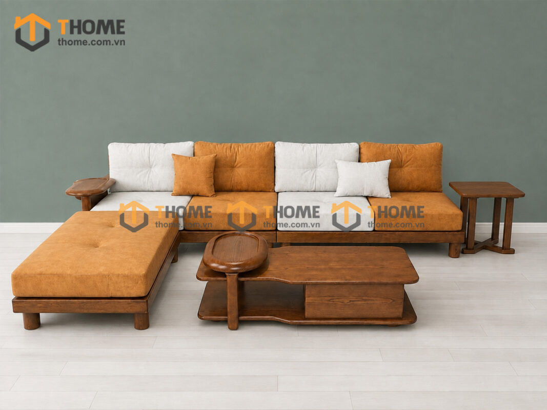 Sofa Gỗ Sồi Tự Nhiên XaVi 4 Món Màu Óc Chó SFĐ-32SN