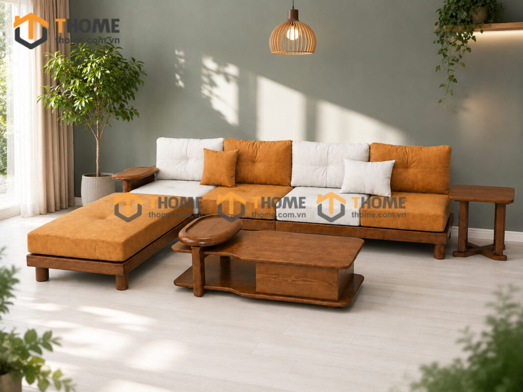 Sofa Gỗ Sồi Tự Nhiên XaVi 4 Món Màu Óc Chó SFĐ-32SN