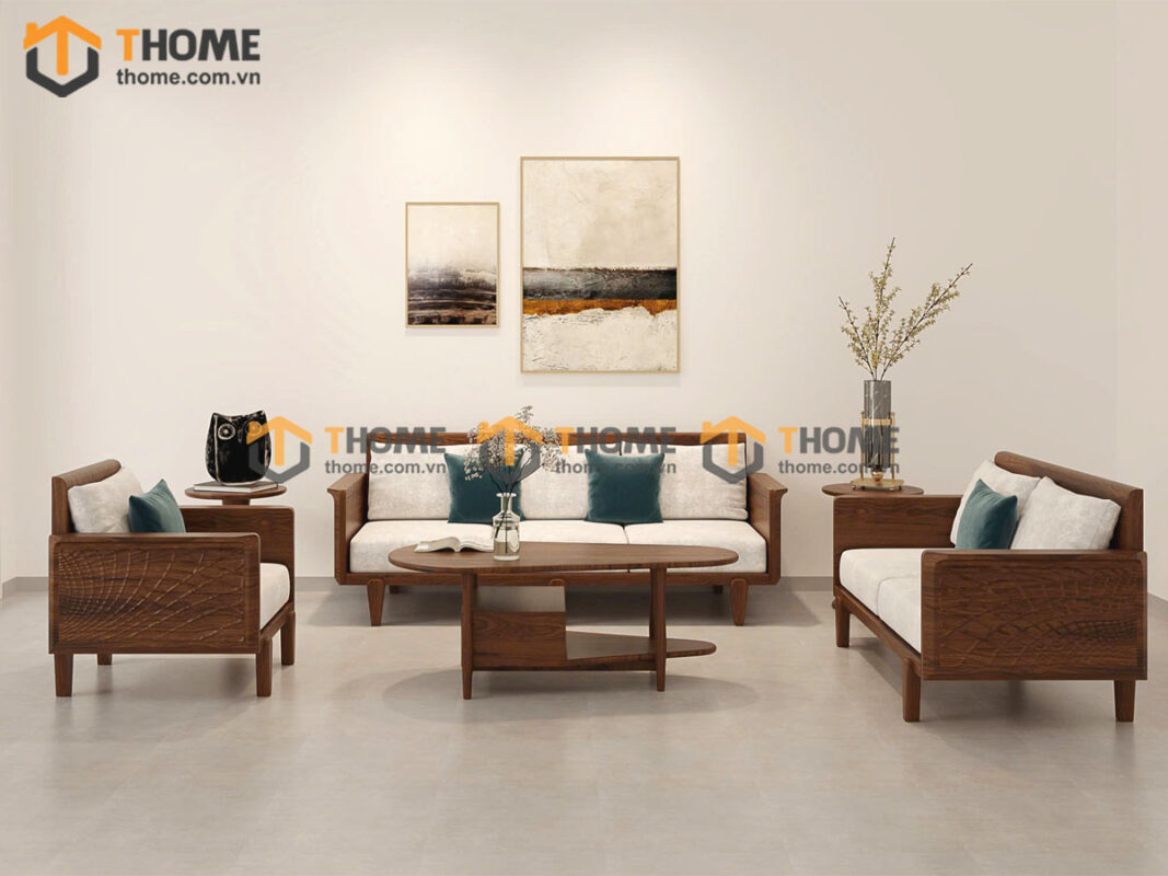 Sofa Gỗ Sồi Tự Nhiên Bamboo 6 Món Màu Óc Chó SFĐ-34SN