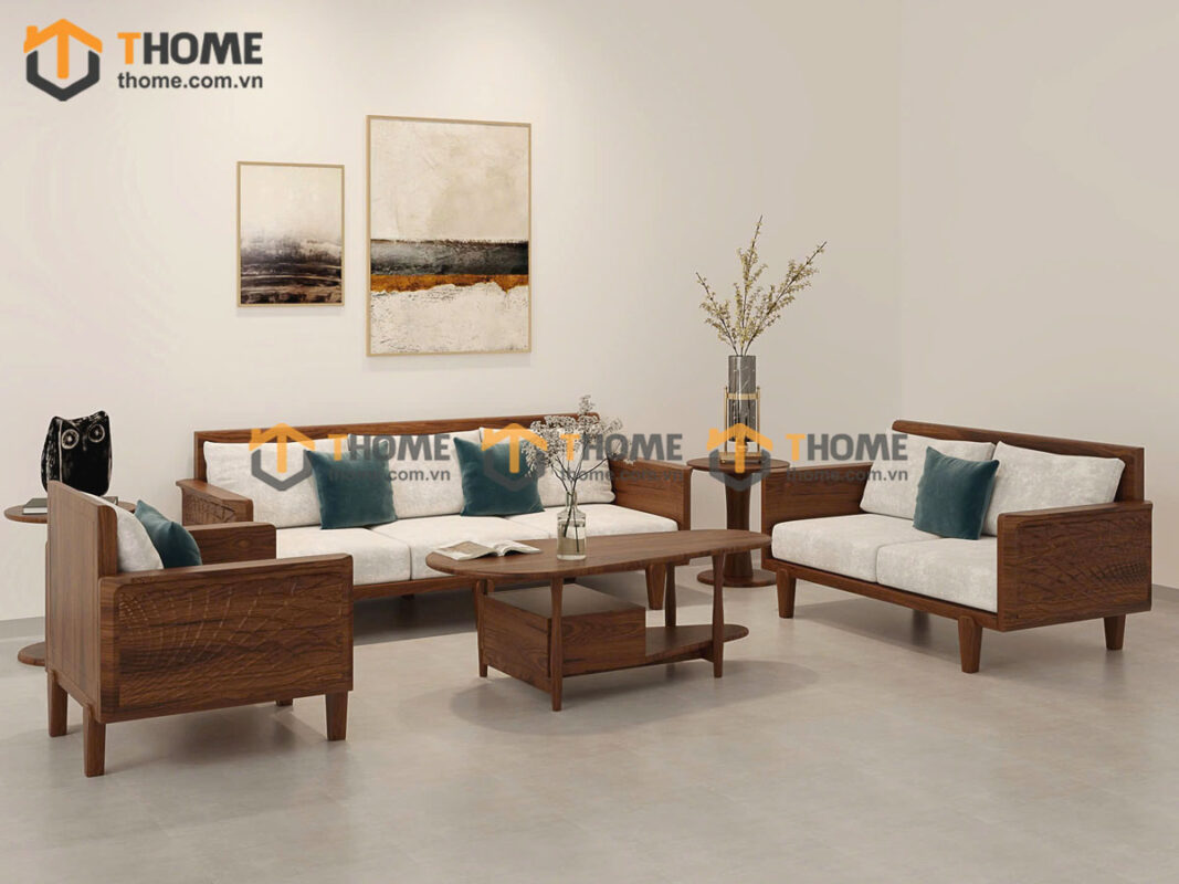 Sofa Gỗ Sồi Tự Nhiên Bamboo 6 Món Màu Óc Chó SFĐ-34SN