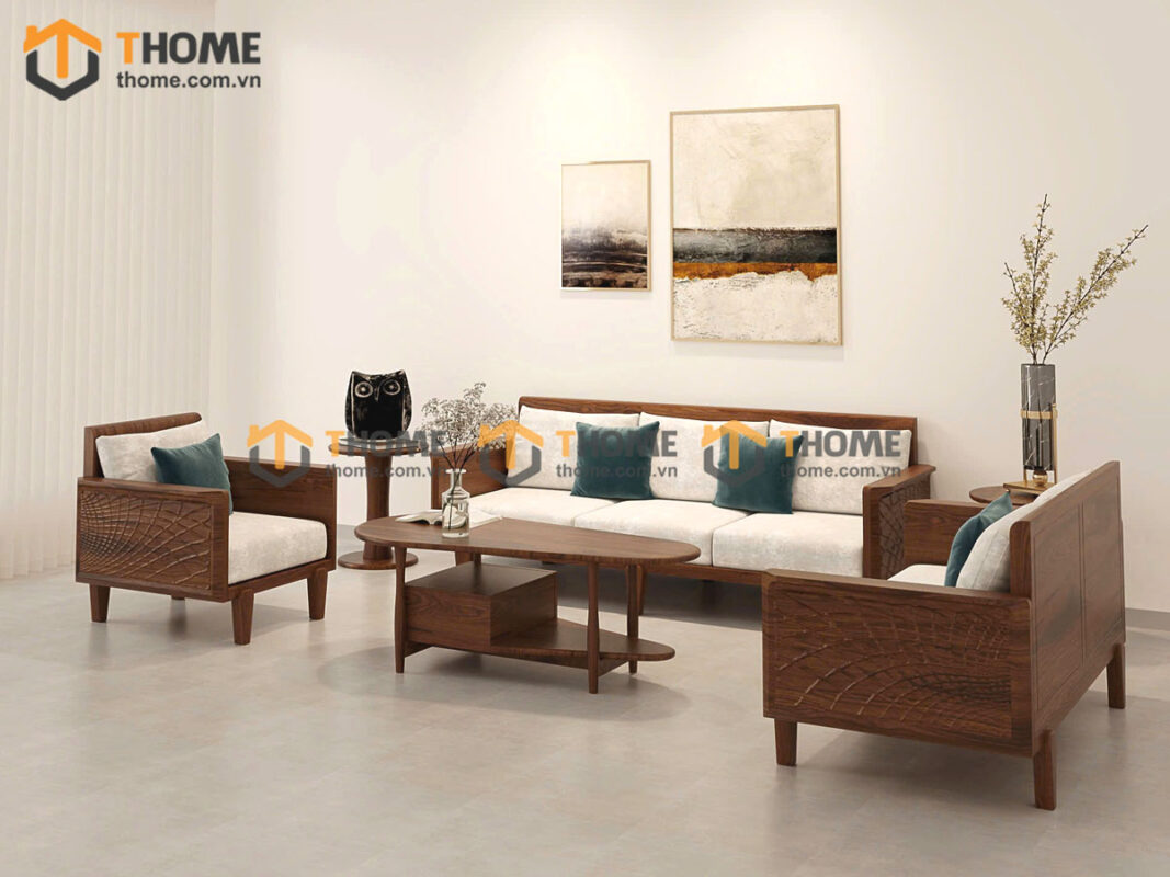 Sofa Gỗ Sồi Tự Nhiên Bamboo 6 Món Màu Óc Chó SFĐ-34SN