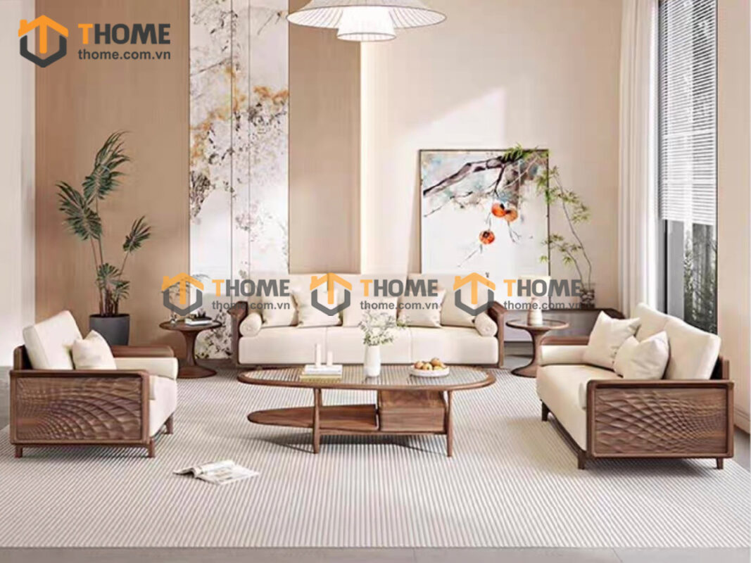 Sofa Gỗ Sồi Tự Nhiên Bamboo 6 Món Màu Óc Chó SFĐ-34SN