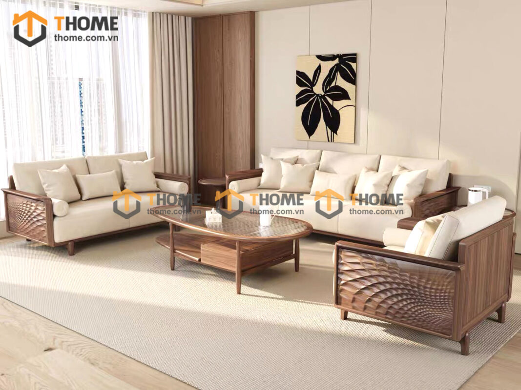 Sofa Gỗ Sồi Tự Nhiên Bamboo 6 Món Màu Óc Chó SFĐ-34SN