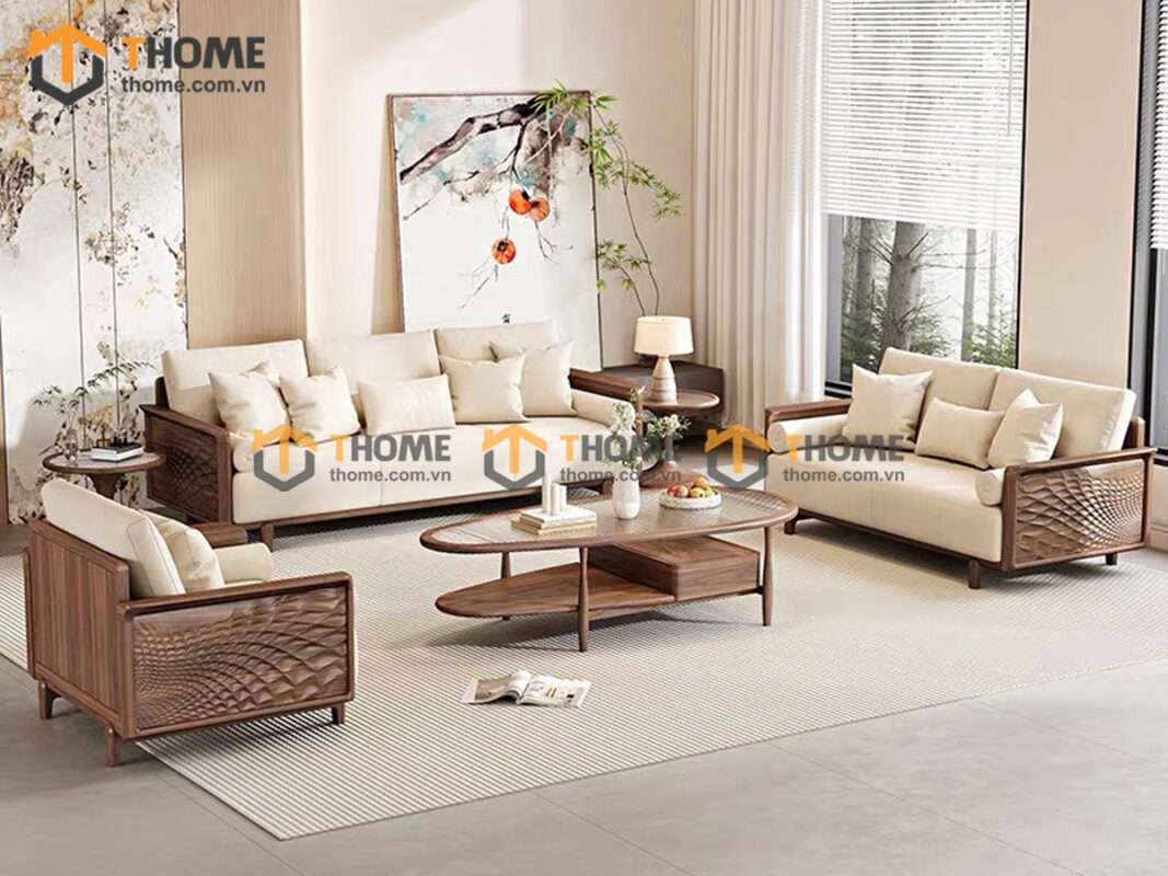 Sofa Gỗ Sồi Tự Nhiên Bamboo 6 Món Màu Óc Chó SFĐ-34SN