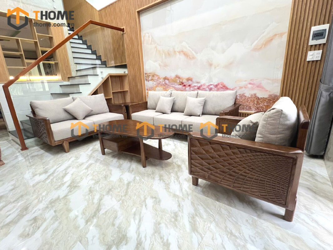 Sofa Gỗ Sồi Tự Nhiên Bamboo 6 Món Màu Óc Chó SFĐ-34SN