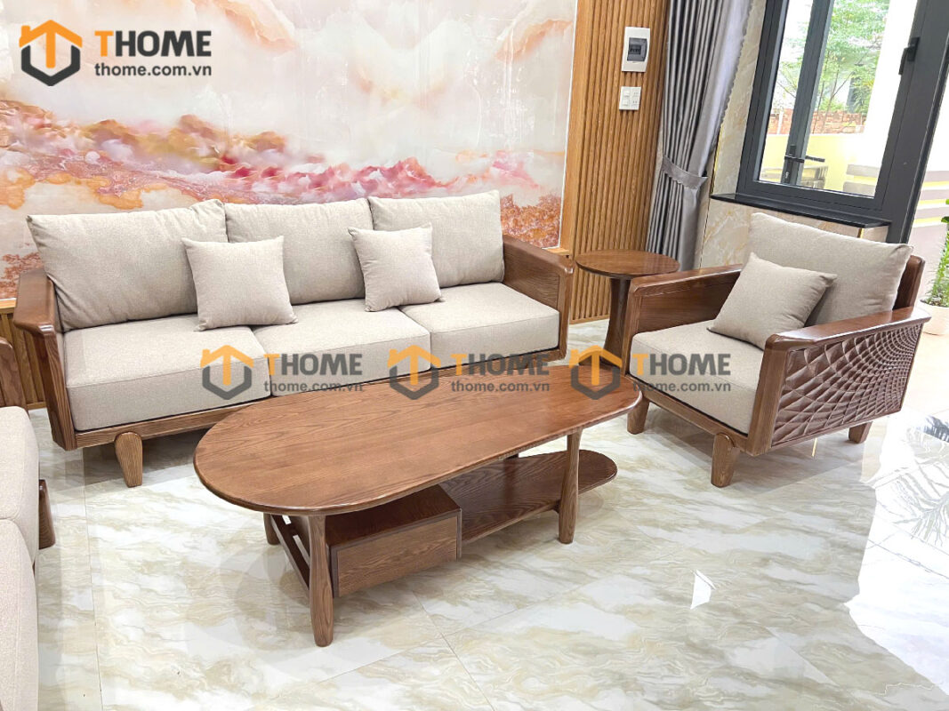 Sofa Gỗ Sồi Tự Nhiên Bamboo 6 Món Màu Óc Chó SFĐ-34SN