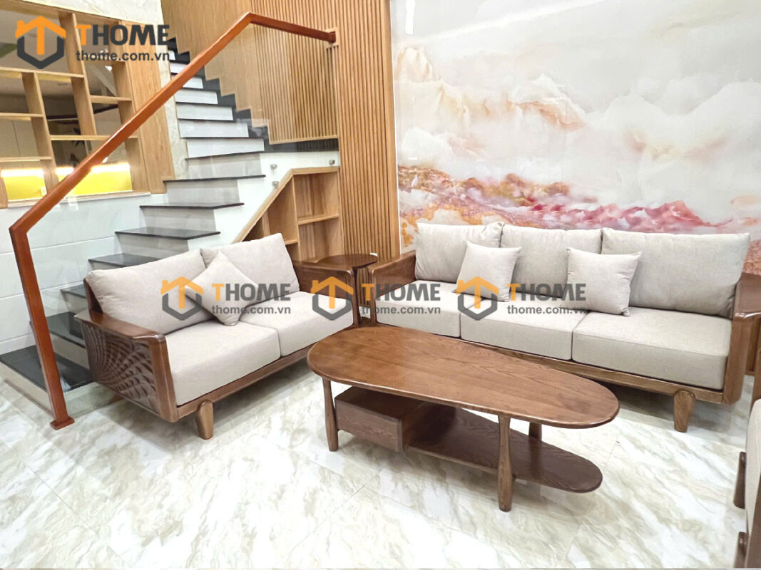 Sofa Gỗ Sồi Tự Nhiên Bamboo 6 Món Màu Óc Chó SFĐ-34SN