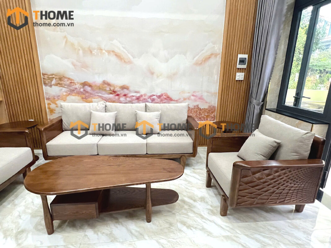 Sofa Gỗ Sồi Tự Nhiên Bamboo 6 Món Màu Óc Chó SFĐ-34SN
