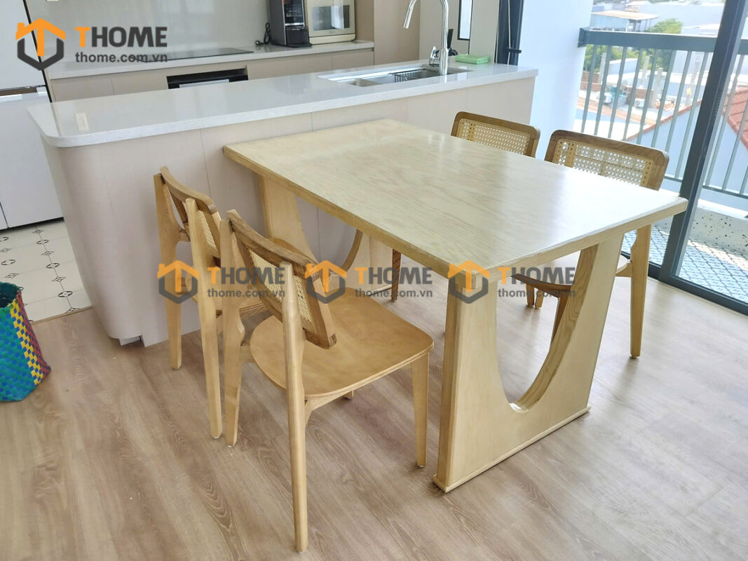 Bộ Bàn Ăn Chân Vuông Lỗ Nửa Oval 4 Ghế (Nhiều Mẫu Ghế) Gỗ Sồi Tự Nhiên BBA4-25SN