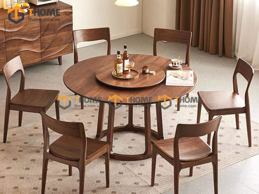 Bộ Bàn Ăn Tròn Có Mâm Xoay Gỗ Sồi Tự Nhiên BBA6-58SN