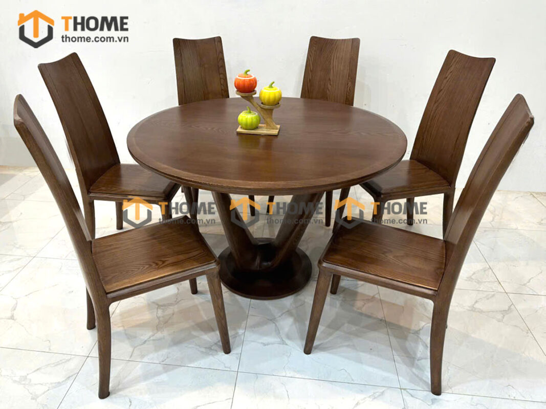 Bộ Bàn Ăn Tròn Chân Chân Xoắn Gỗ Sồi Tự Nhiên BBA6-60SN