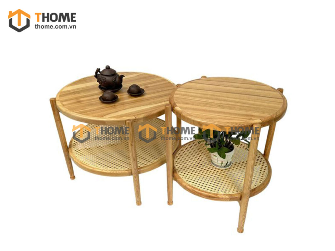 Bàn Sofa Gỗ Sồi Tự Nhiên Cặp Tròn Mây BSFMG-36SN