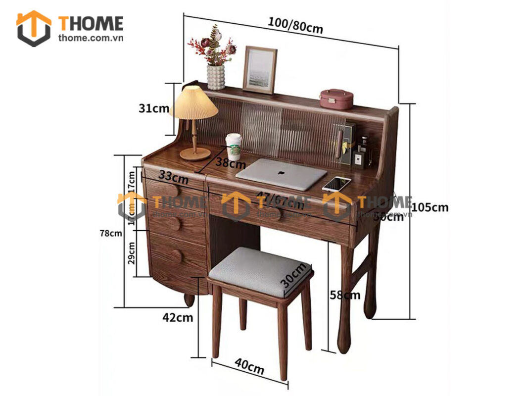 Bàn Trang Điểm Gỗ Sồi Tự Nhiên 4 Chân Bóng Chày BTD-18SN