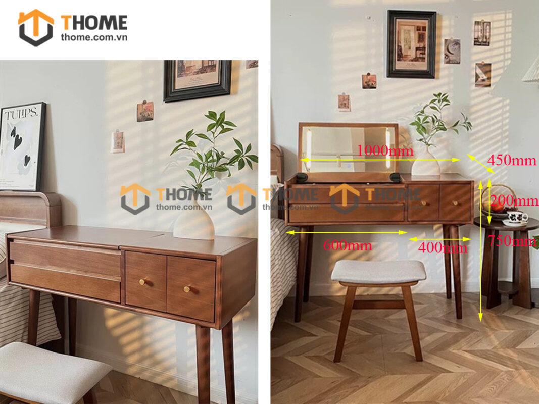 Bàn Trang Điểm Gỗ Sồi Tự Nhiên Lật 4 Hộc Kéo BTD-17SN
