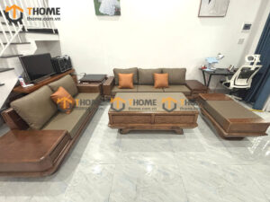 Sofa Gỗ Sồi Tự Nhiên Chân Vặn 5 Món Màu Óc Chó SFĐ-40SN